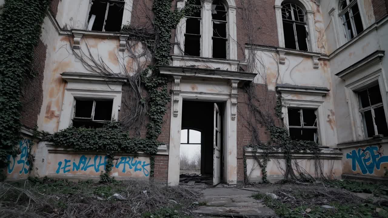 Edificio abbandonato e spettrale con edera e graffiti, ripreso ad altezza occhi