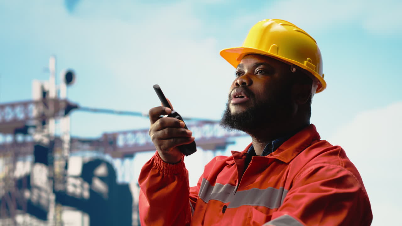 Vertical video Offshore platform engineer tracks emissions, sharing results using walkie talkie