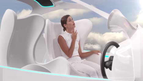 mujer en coche con interiores blancos en modo piloto automático conduciendo en el cielo