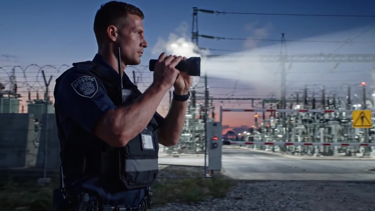 A vigilant police officer patrols a secure industrial area, ensuring safety and security near power facilities during a dusk setting with smoke stacks in the background.