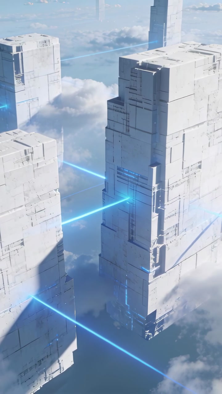 Vertical video: Camera moving toward monolith above cloud layer to reveal recessed beam port