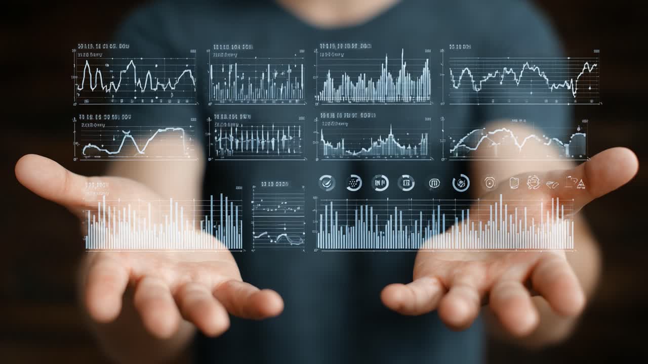 A digital display of financial data and analytics showcased between open hands, demonstrating the power of data visualization and technology in modern decision-making
