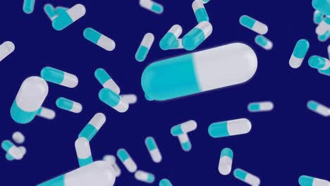 animación de múltiples píldoras azules y blancas que caen sobre un fondo azul