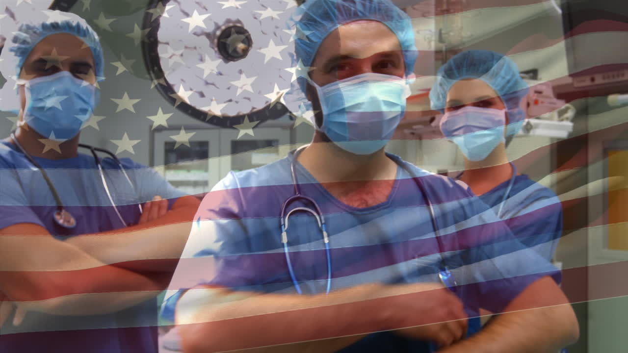animación de la bandera de los estados unidos ondeando sobre los cirujanos en el quirófano
