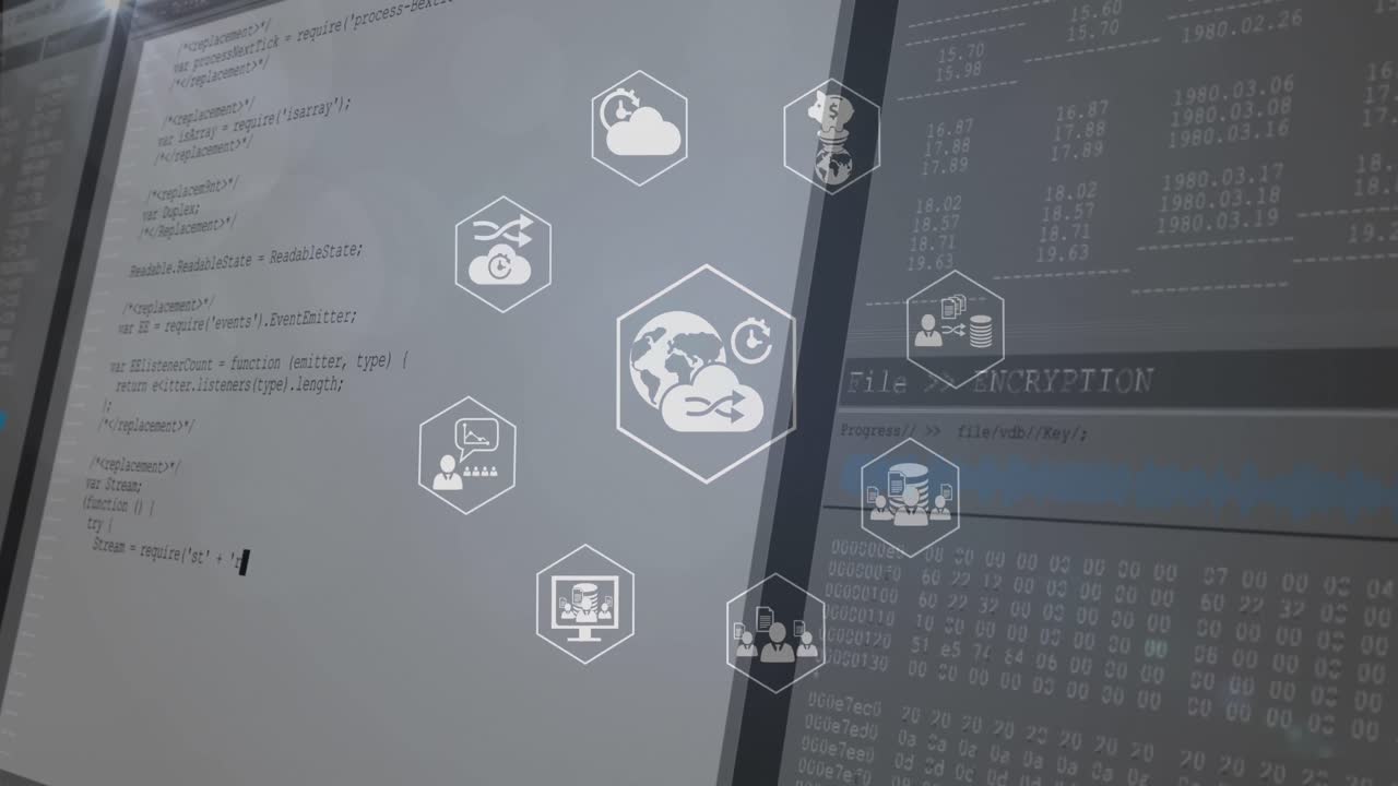 animación de una red de iconos digitales sobre el procesamiento de datos contra un fondo azul