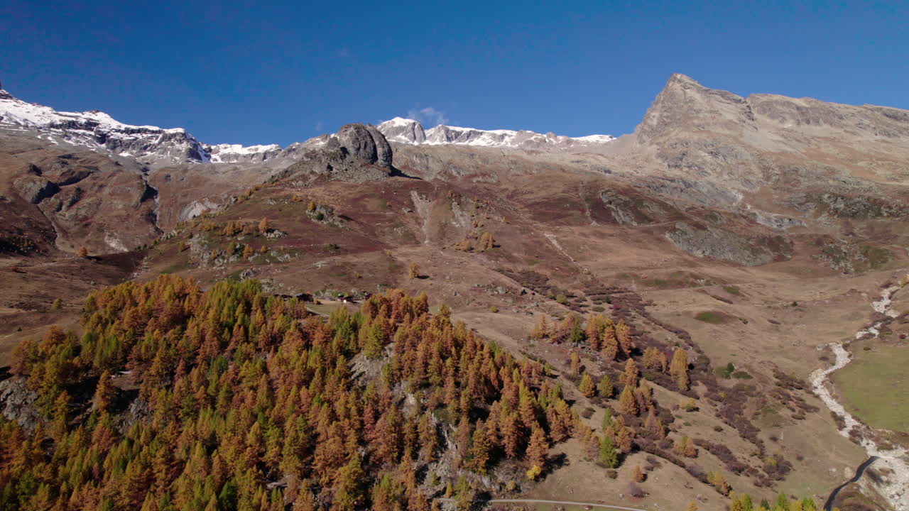 Aerial of a mountain with yellow conifer trees and houses, Lötschental, Switzerland