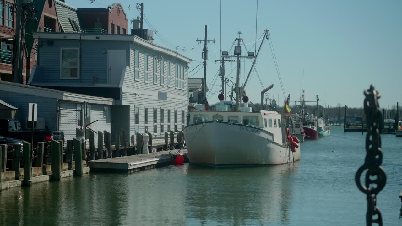 A serene marina scene with docked boats reflecting on still waters and urban backdrops, medium close up