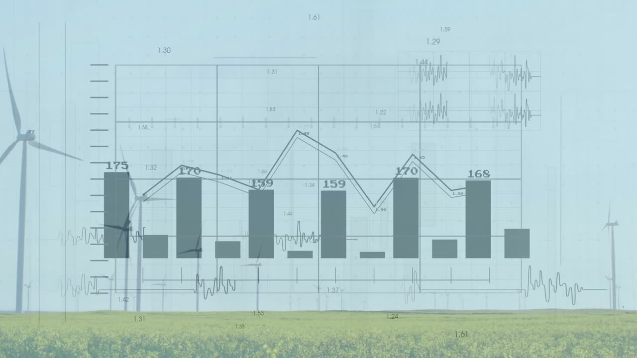 Wind turbines generating data visualization blending field scene, showing flat design bar charts