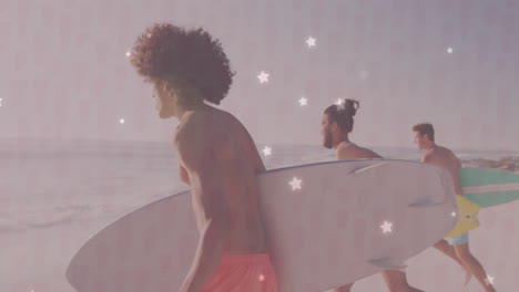 three surfers carrying surfboards walking into waves under pastel sky, showcasing travel design
