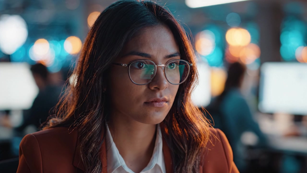 Focused Woman in Glasses at Work Desk, Illuminated by Office Lights, Displaying Intense Concentration on Task with Modern Technology in Background