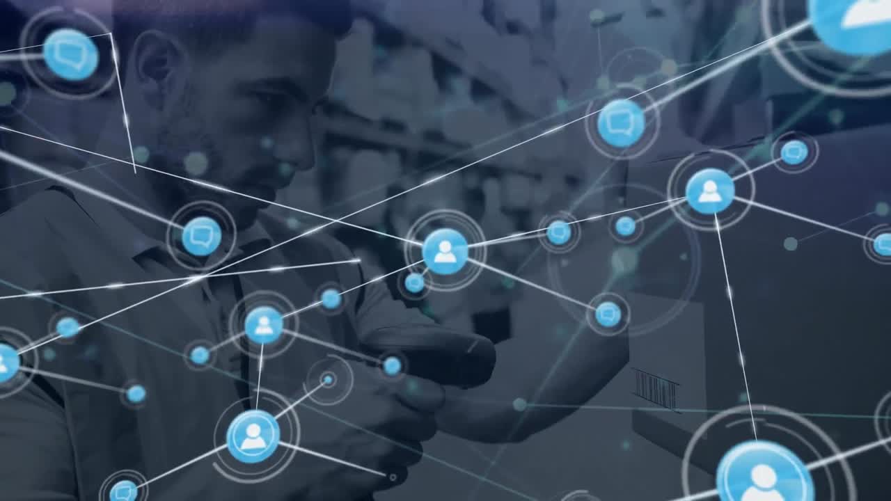 animación de formas, iconos conectados sobre caucásicos empleados escaneando cajas en el almacén.