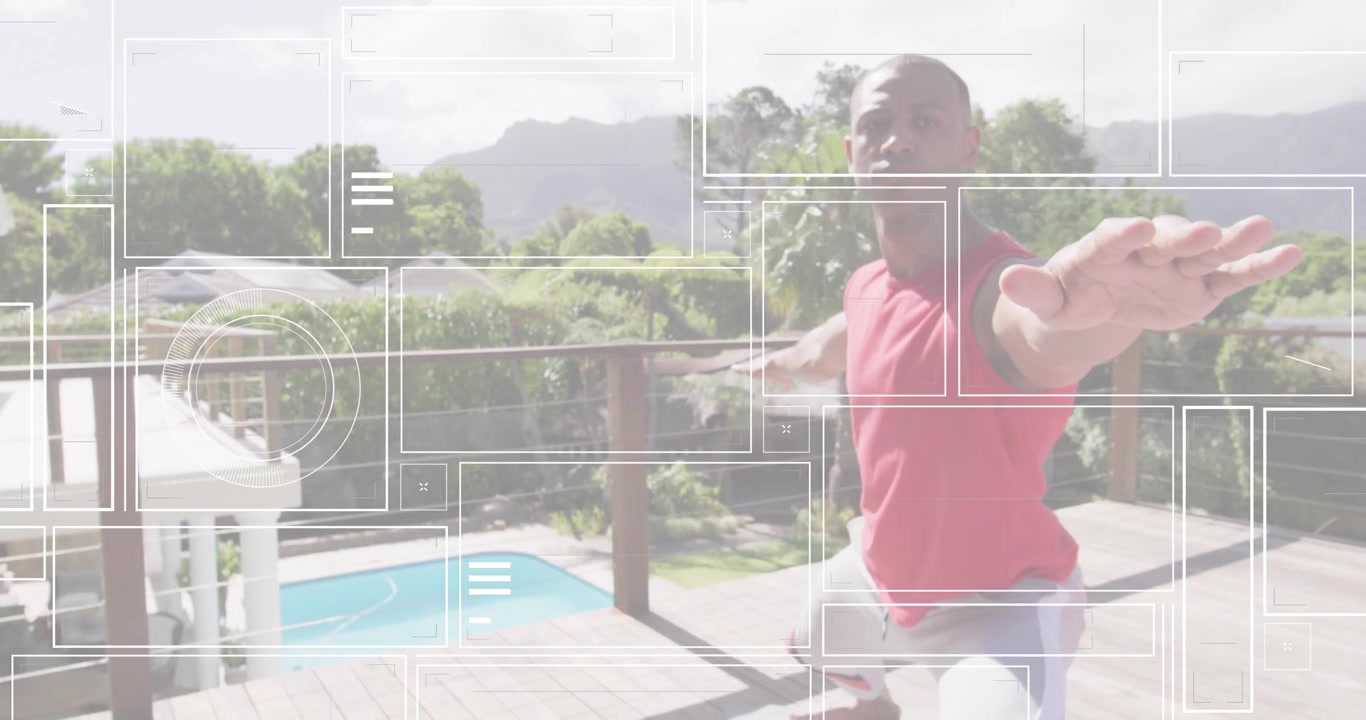 Man placing pink water bottle on deck rail and activating fitness GUI during yoga warrior flow