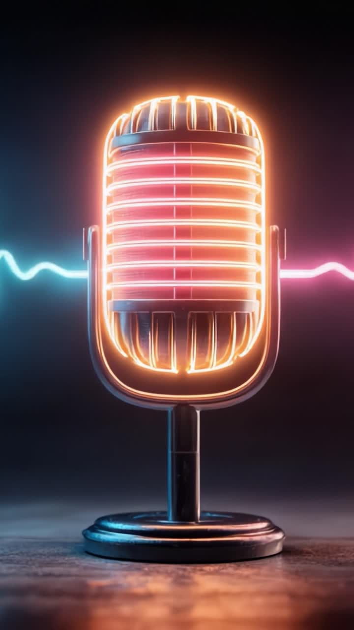 Un microfono vintage illuminato con colori al neon, circondato da onde sonore ondulate, che evoca un'atmosfera audio dinamica e creativa.