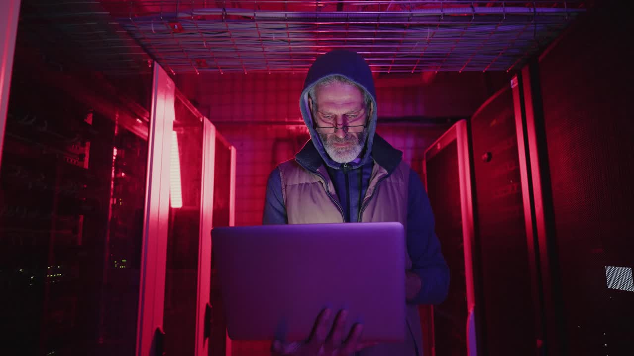 Senior IT Technician Working in a Dark Server Room