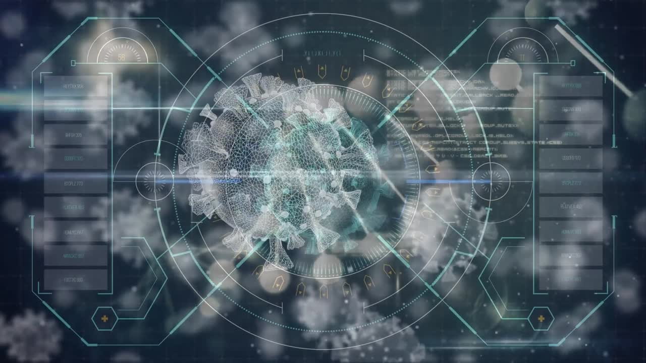 검은색 배경에서 데이터 처리를 통해 코로나19 바이러스 세포의 소멸