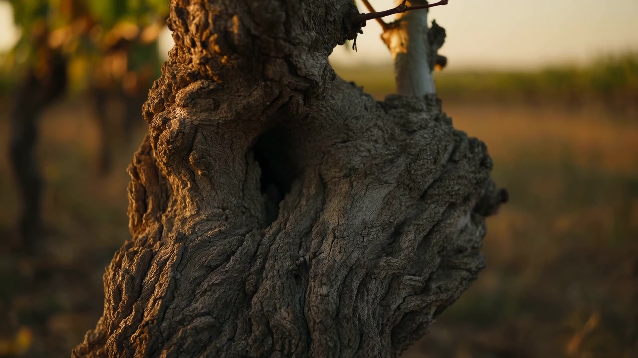 Vista cinematografica ravvicinata di un antico tronco di vite nodoso con corteccia screpolata, centro cavo scuro, un sottile tralcio vivo e un corto moncone di potatura, ambientato tra i filari di un vigneto in una calda luce dorata, mostrando la vite, il tronco e la corteccia.