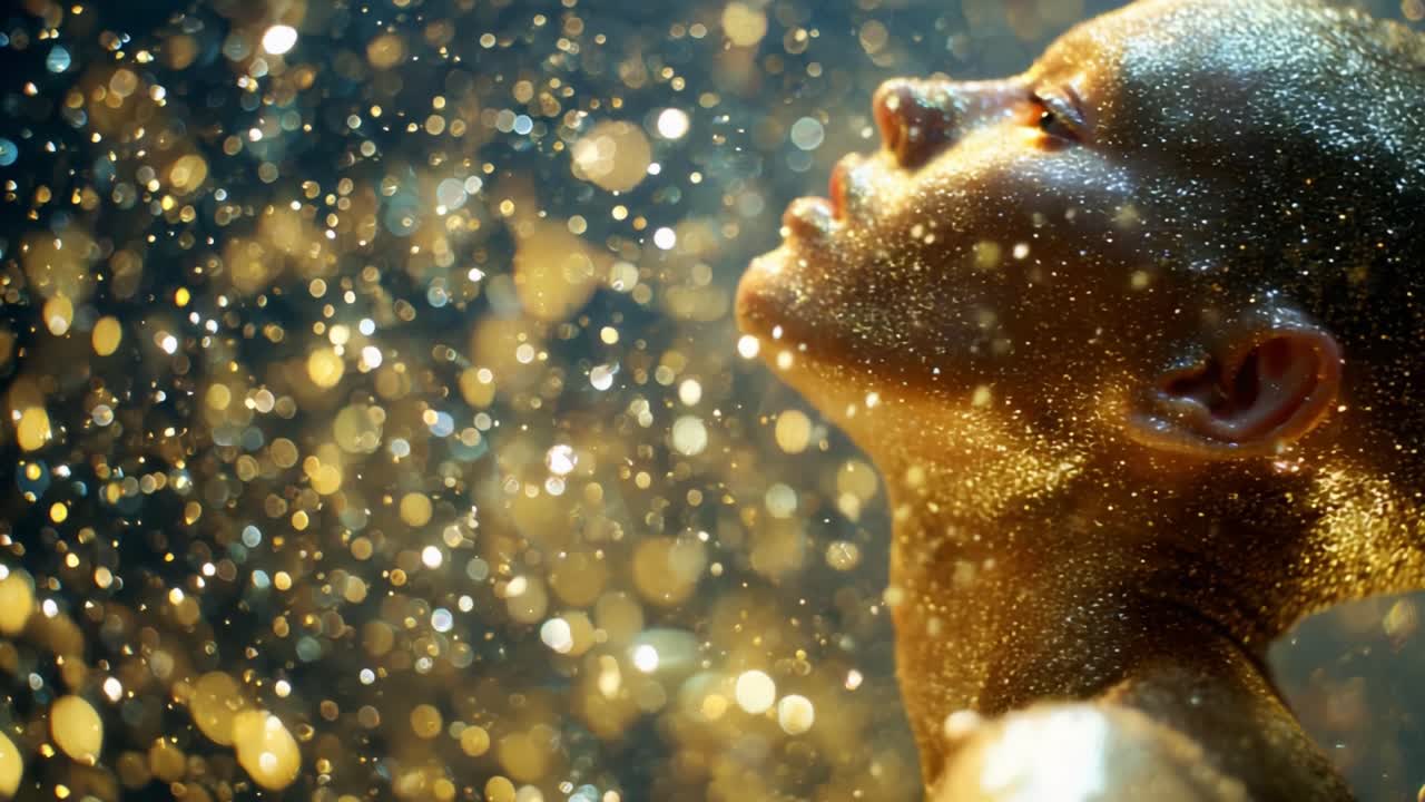 A mesmerizing scene of ethereal beauty and radiant glamour, showcasing a golden figure drenched in shimmering sparkles, poised in an enchanting moment with droplets cascading under splendid lighting
