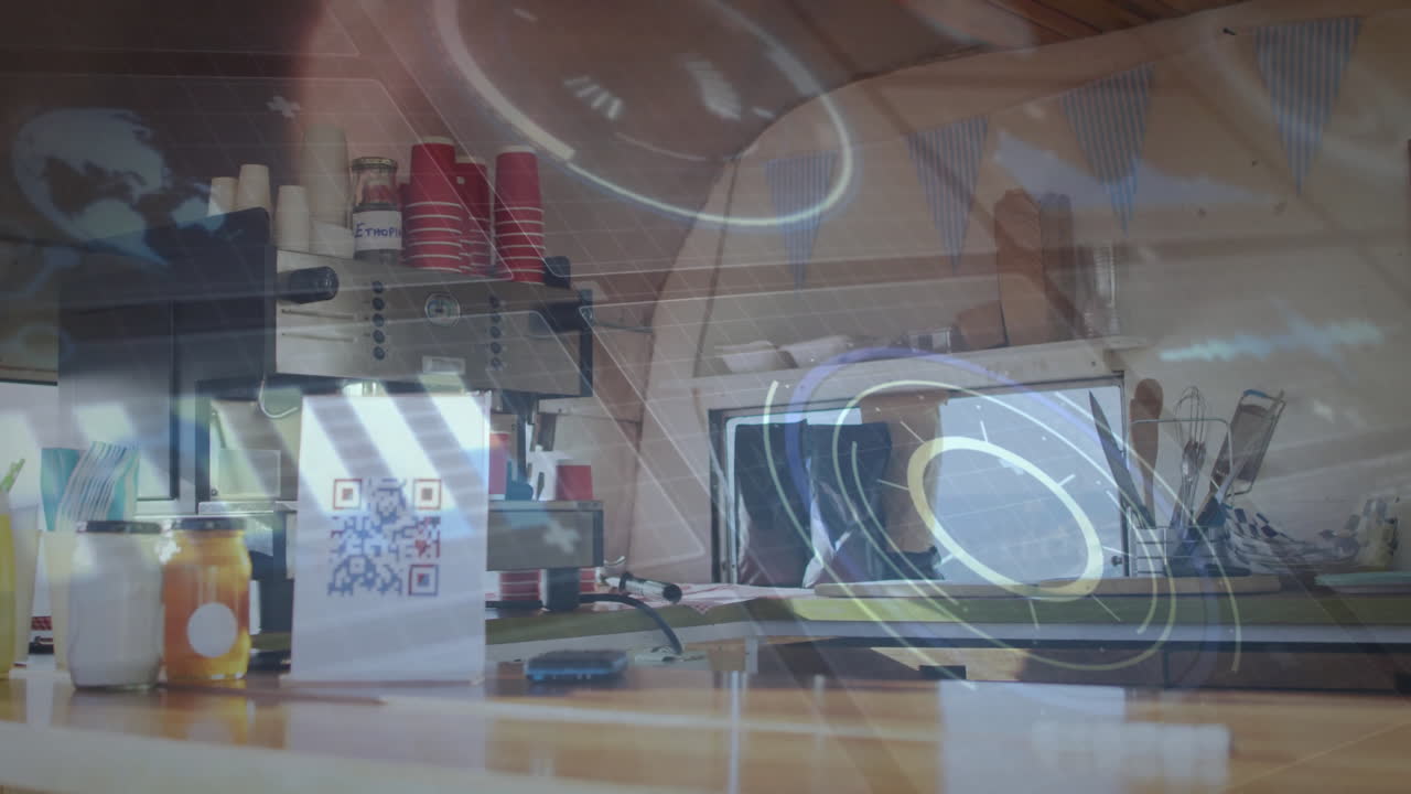 Digital interface overlay with QR code on coffee shop counter, creating animation