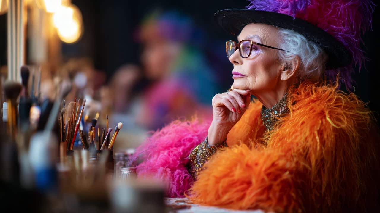 An Elegant Older Woman in Vibrant Attire and Stylish Accessories Contemplates Her Next Move at a Glamorous Makeup Station, Surrounded by Beauty Tools and Soft Lighting