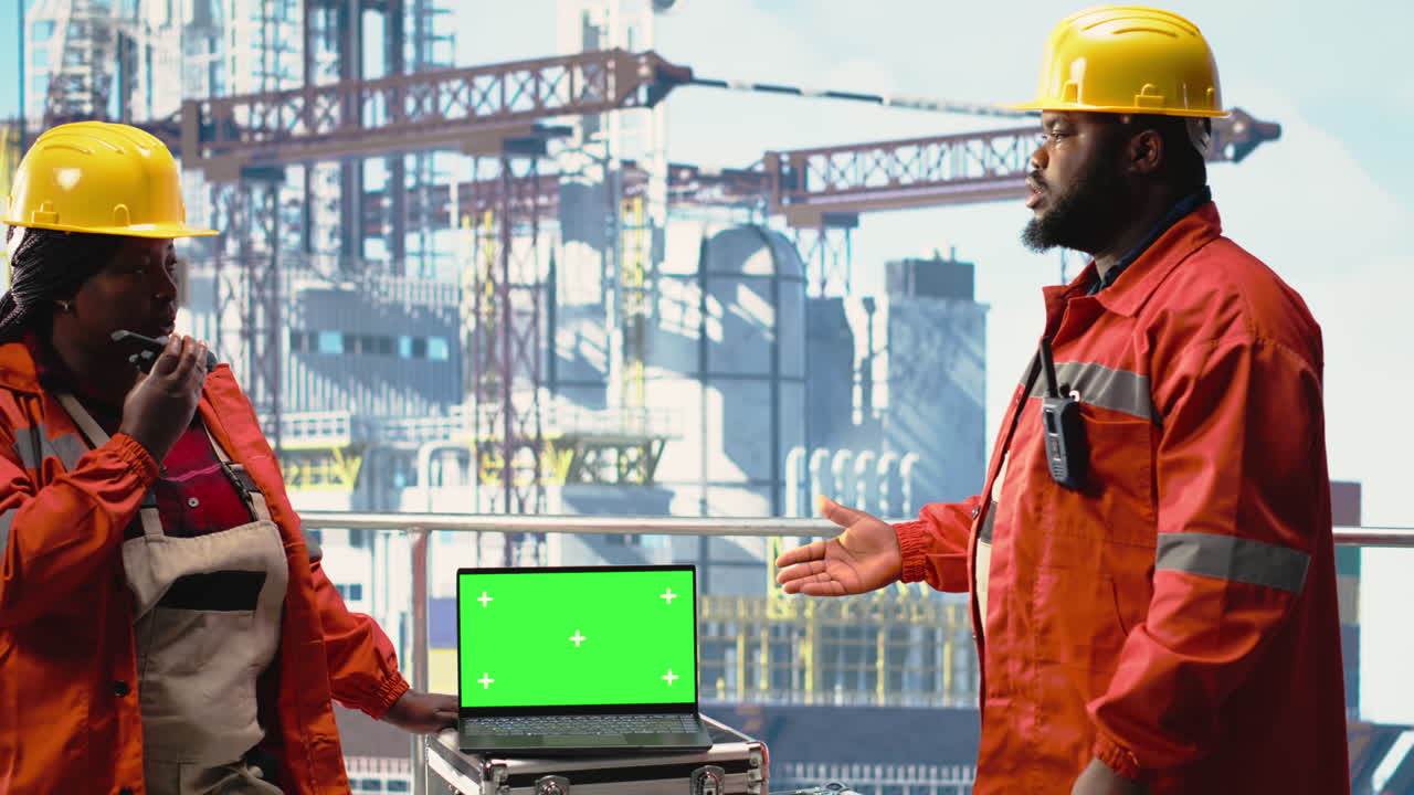Vertical video Isolated screen laptop used by drilling rig crew colleagues holding radio device