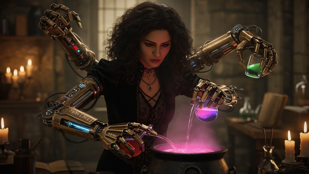 A Mysterious Sorceress with Robotic Arms Brewing Colorful Potions in a Dimly Lit Alchemy Room, Capturing the Essence of Magic and Technology Together