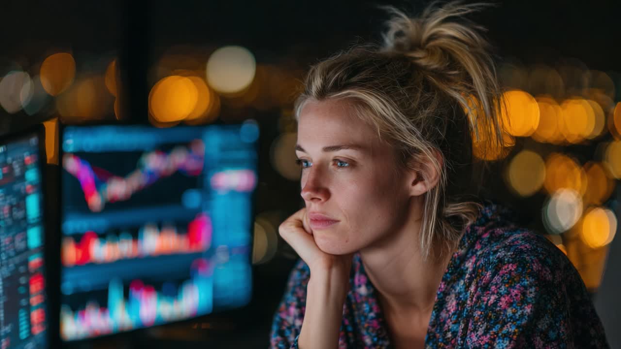 Kontemplativt fokus: En ung kvinde analyserer finansielle data på computerskærme med en bysilhuet i baggrunden, der fremhæver kompleksiteten i markedstendenser og beslutninger