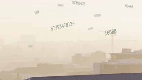 Animation-of-multiple-changing-numbers-floating-against-aerial-view-of-cityscape