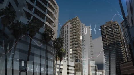 animación del procesamiento de datos financieros sobre el paisaje urbano