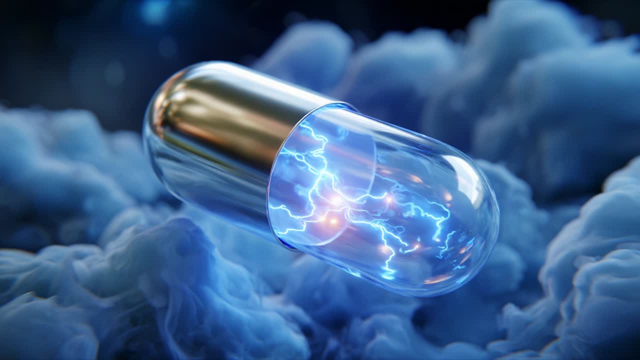 A mesmerizing pill encapsulating swirling energy, floating amidst an ethereal cloud backdrop, illuminating the surrounding mist with vibrant electric hues, symbolizing innovation and potent transformations