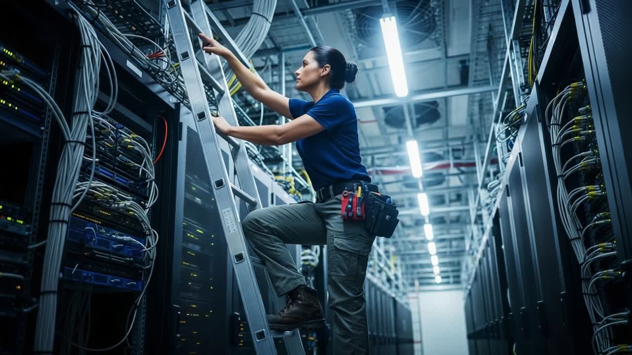 A skilled technician inspects server hardware while using a ladder in a modern data center, showcasing the intricate technology and dedicated craftsmanship required in IT infrastructure management