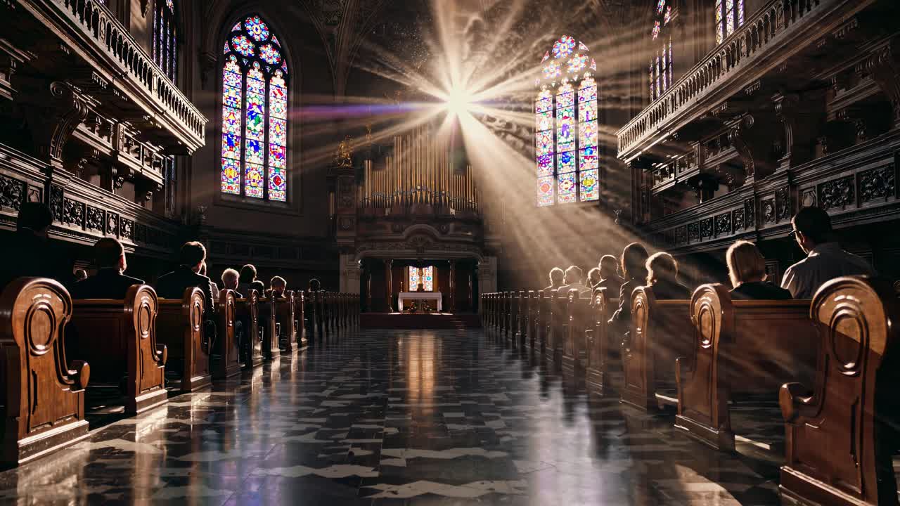 A wide-angle video shot captures a grand cathedral interior, highlighting stained glass windows