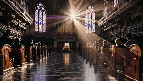a wide-angle video shot captures a grand cathedral interior, highlighting stained glass windows
