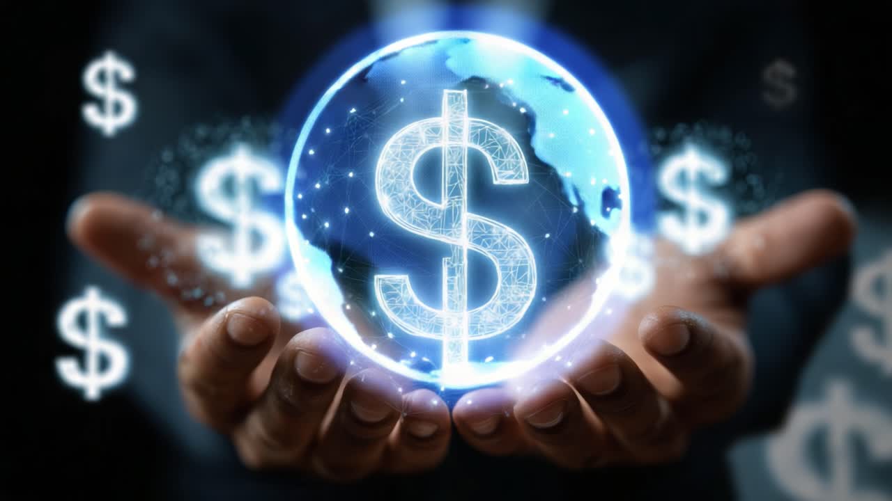 A Futuristic Visualization of Wealth: Hands Cradling a Glowing Dollar Sign with Earth Representation, Symbolizing Global Finance and Prosperity in a Digital Age