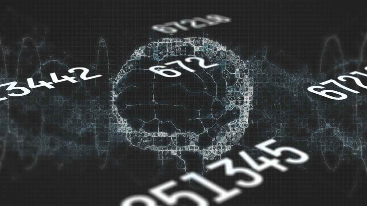 인간 뇌와 디지털 파동을 회전시키는 여러 개의 변하는 숫자의 애니메이션