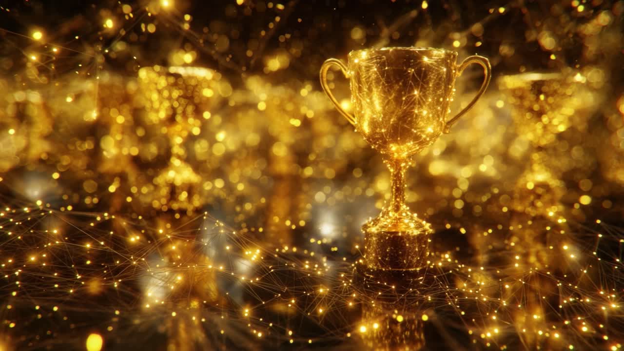 A Stunning Display of Glimmering Golden Trophies Illuminating a Glittering Background, Symbolizing Achievement, Victory, and Celebration in a Magical Atmosphere