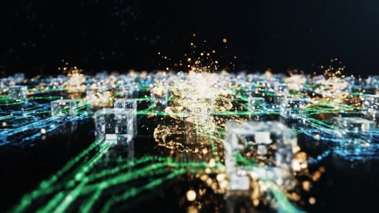 Een Verbluffende Visualisatie van Digitale Connectiviteit en Netwerkdynamiek: Een Verkenning van de Diepten van een Helder, Futuristisch Datalandschap Gevuld met Pulserende Lichten en Patronen