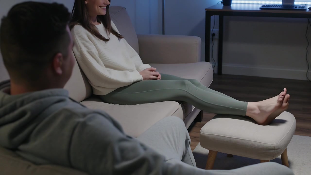 En kvinde i cremefarvet sweater trækker en puf tættere på derhjemme, placerer fødderne for at slappe af, mens en mand ser på.