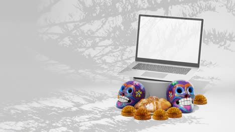 Laptop,-Skulls,-Day-of-The-Dead-Festival,-Dia-de-Muertos-,-Mockup,-Mexico