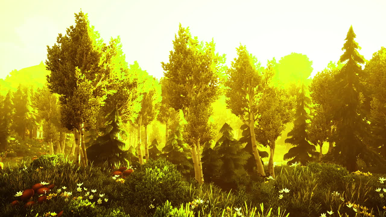 해가 지는 동안 황금빛으로 목욕하는 울창한 초록색 숲