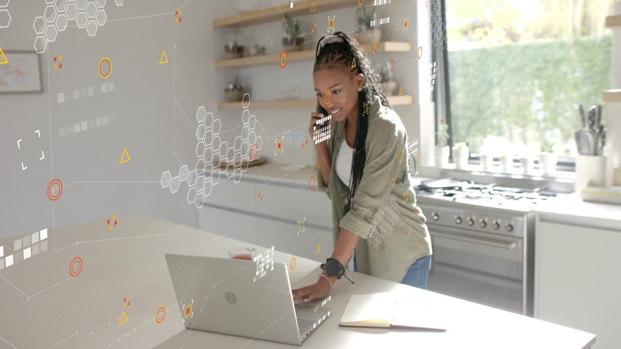 Woman taking incoming business call, using laptop in kitchen, causing hex UI, growing then settling