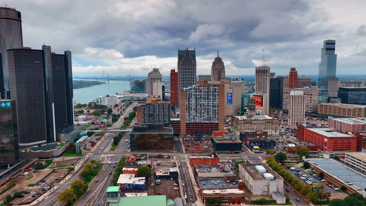 Detroit, USA, 11 August 2025: Detroit downtown skyline with tall skyscrapers. Close aerial view of Detroit downtown with tall skyscrapers and iconic city architecture