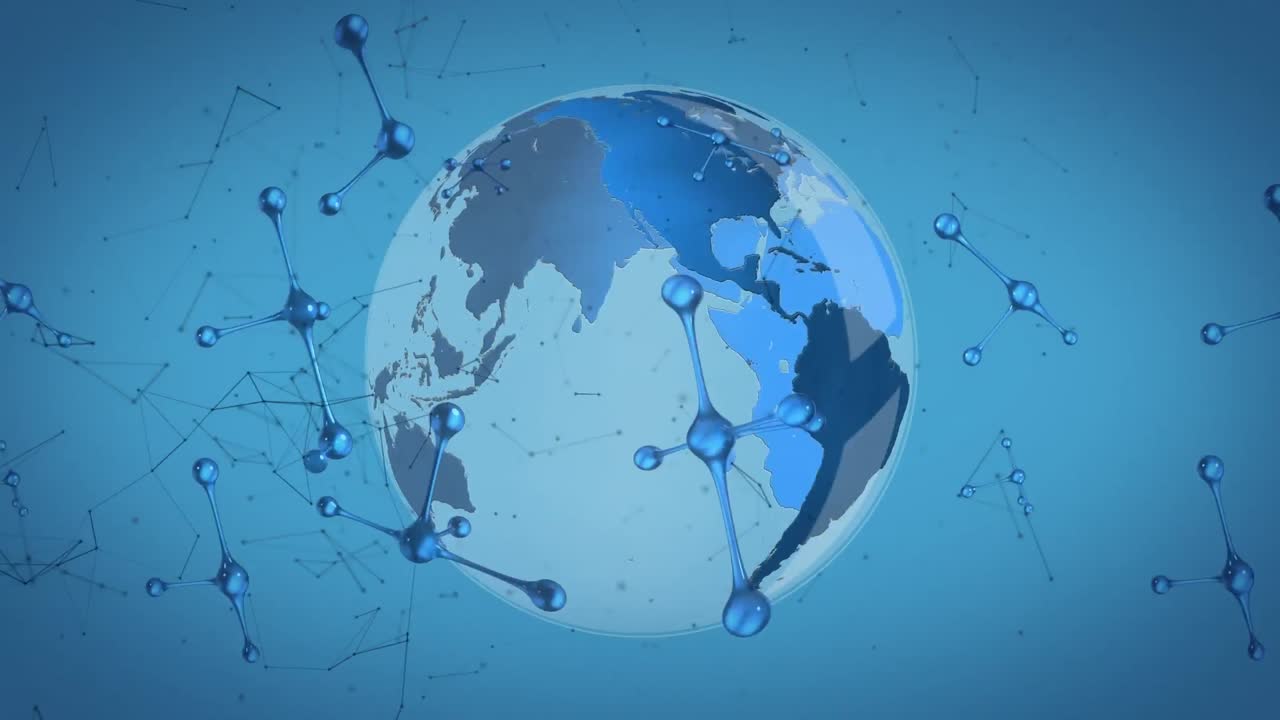 파란색 배경에 있는 지구상의 분자의 애니메이션