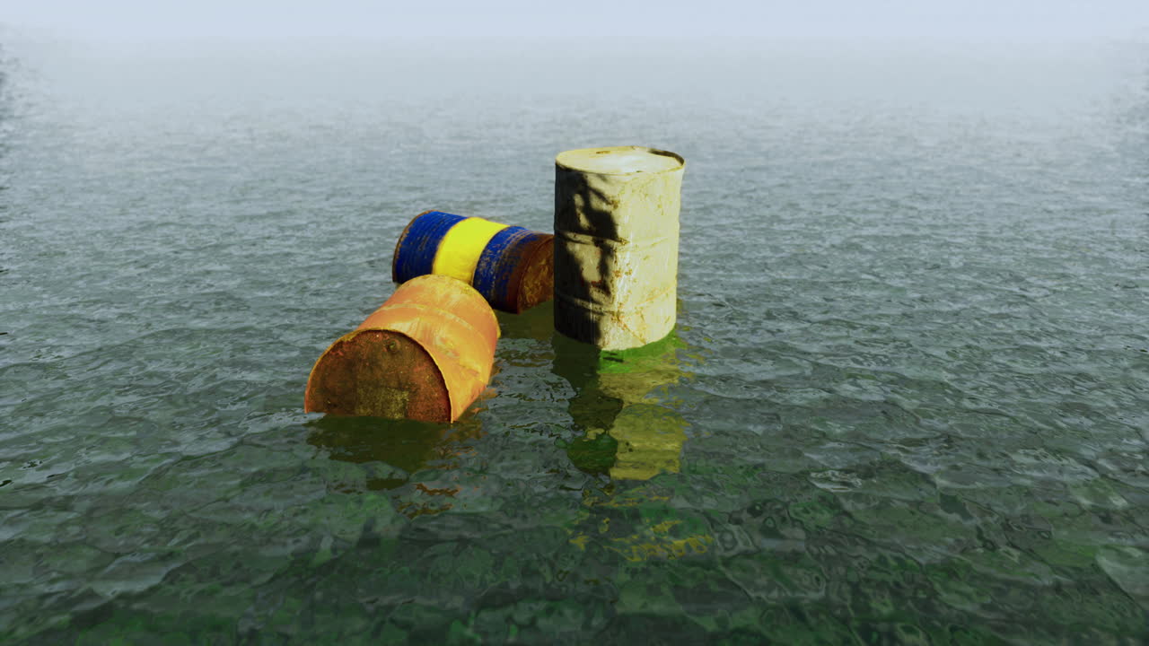 Floating barrels in calm water during early morning light at a remote location