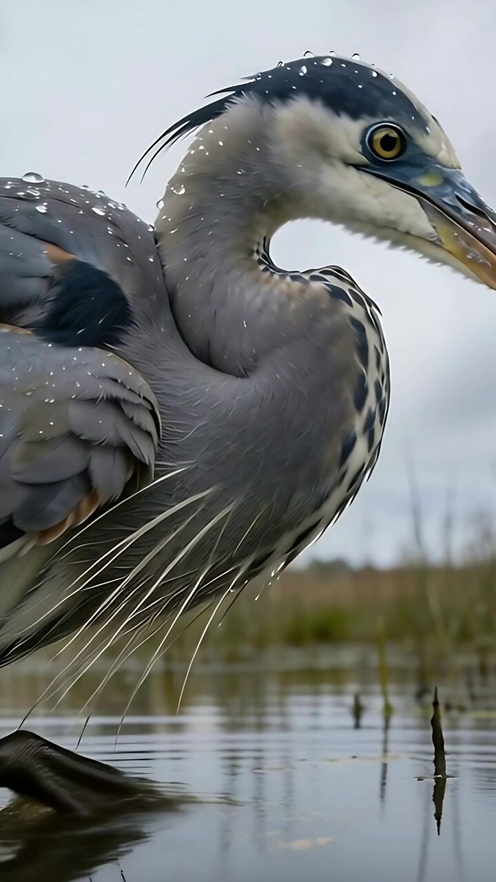 Video verticale: Airone che si liscia le piume, alzando il collo e girando la testa dopo la pioggia in una palude, con goccioline.