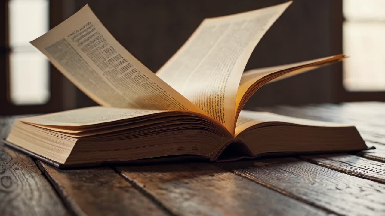 Un libro aperto su un tavolo di legno, ripreso da un'angolazione bassa. L'illuminazione calda crea un'atmosfera accogliente.