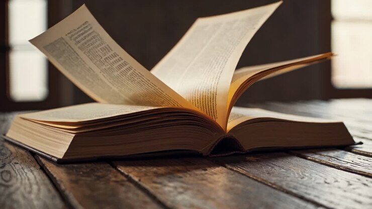 Un libro aperto su un tavolo di legno, ripreso da un'angolazione bassa. L'illuminazione calda crea un'atmosfera accogliente.