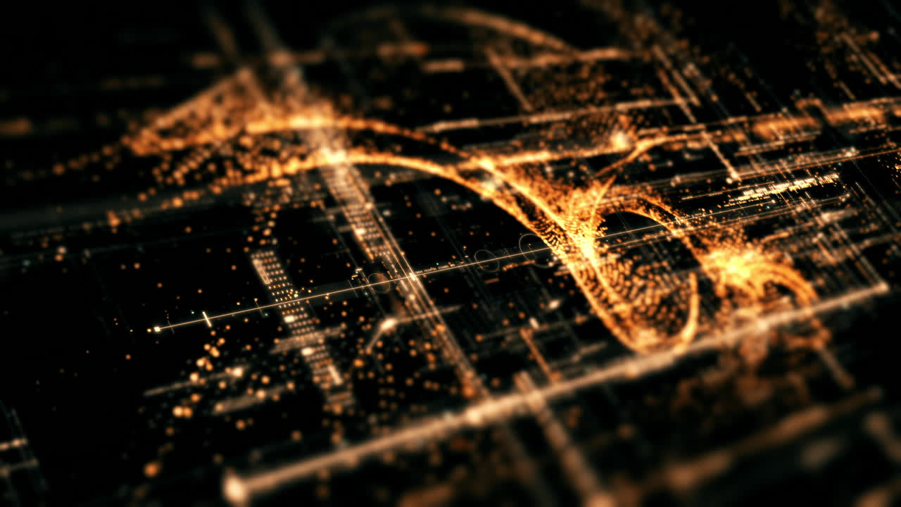 헤드업 디스플레이 배경-11을 위한 사이버 공간 환경에서 입자 시뮬레이션을 사용하여 미래형 추상 디포커스 흐르는 데이터 매트릭스, 메타, 메타버스, 원격 측정 및 암호화 숫자 디스플레이