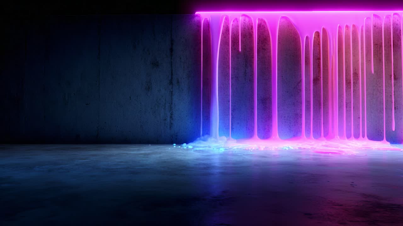A captivating visual display of vibrant neon colors melting down a concrete wall, creating an abstract art piece filled with stunning hues of pink and blue that exude a futuristic vibe