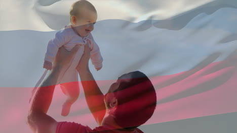 animation of flag of russia over caucasian father carrying baby