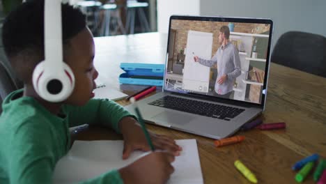 Niño-Afroamericano-Haciendo-La-Tarea-Mientras-Hace-Una-Videollamada-Con-Un-Maestro-En-Una-Computadora-Portátil-En-Casa